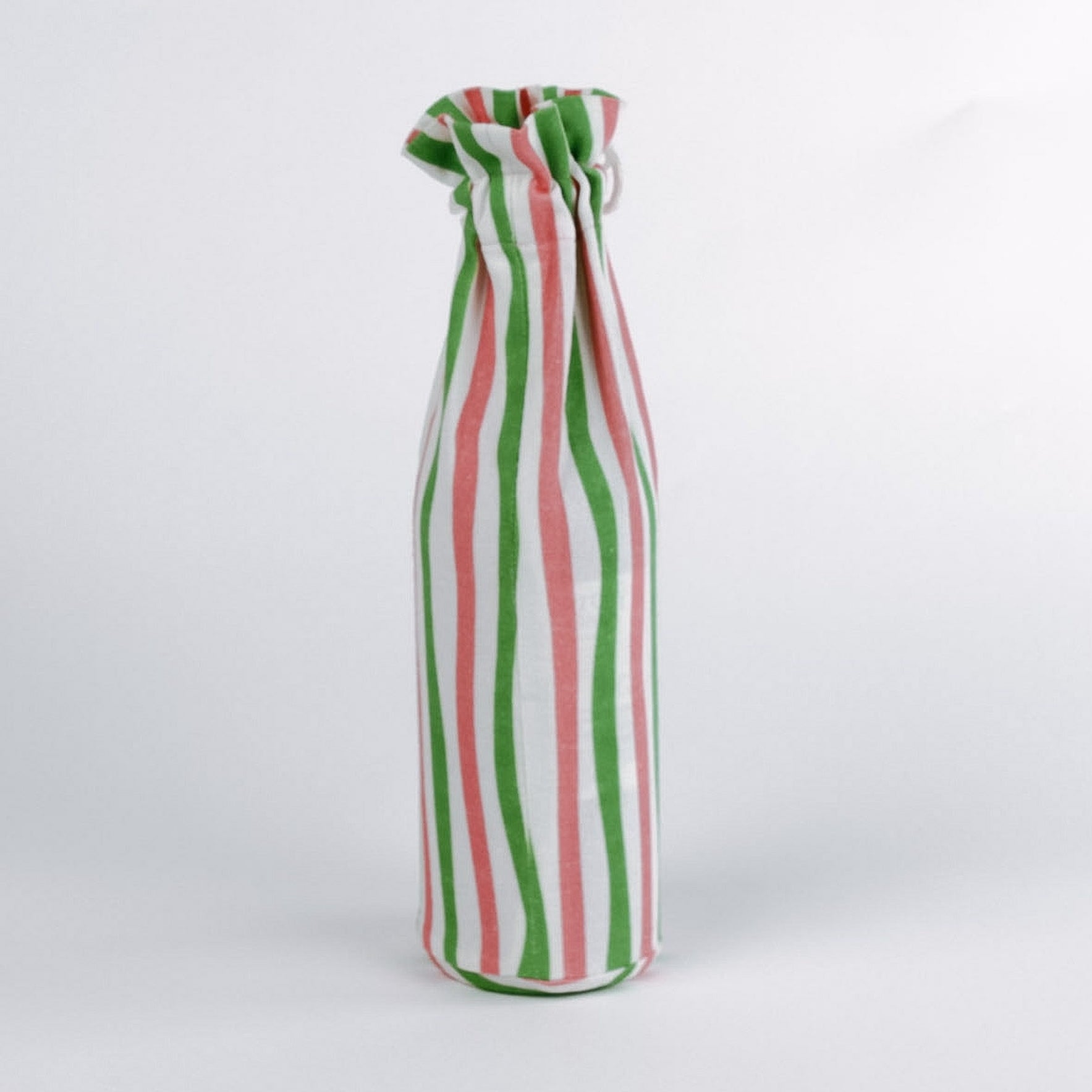 Madcap Cottage Striped wine glass bag  with green, pink, and white pattern on a white background