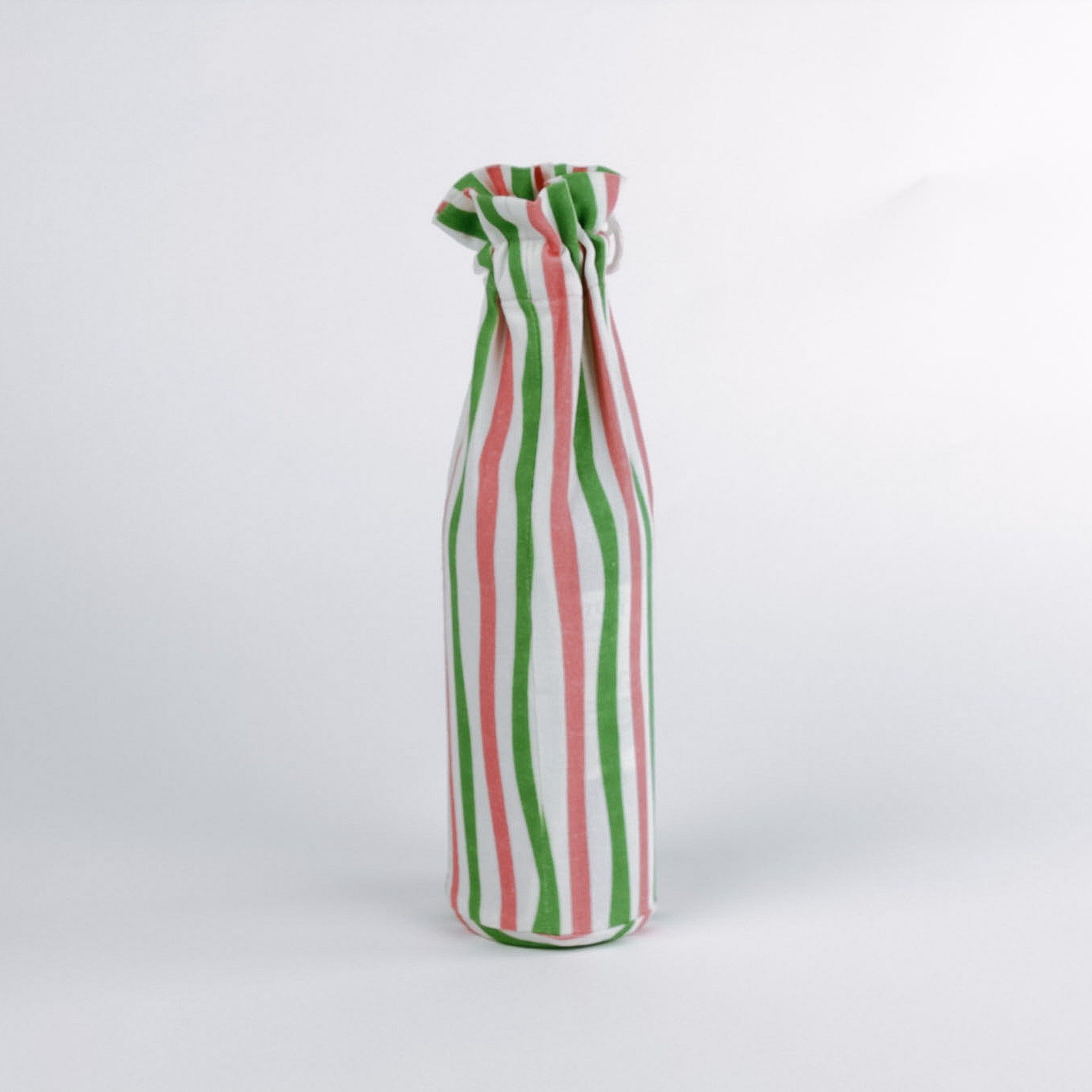 Madcap Cottage Striped wine glass bag  with green, pink, and white pattern on a white background