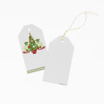 2 gift tags with christmas tree and pugs design. 1 showing the front and the other showing the back