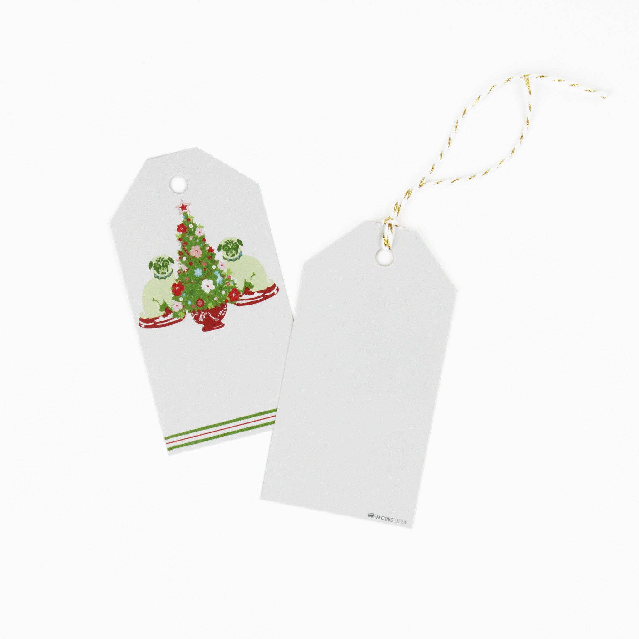2 gift tags with christmas tree and pugs design. 1 showing the front and the other showing the back