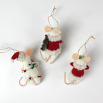back of the Three white felt mouse ornaments where 2 dressed in cozy winter outfits, one wrapped in colorful holiday lights, one holding a Christmas wreath, and one holding a festive ornament