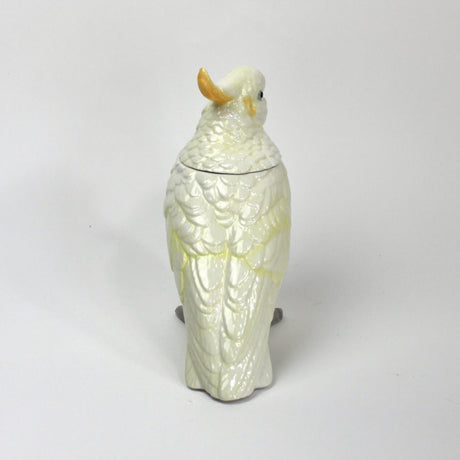 The back of a lidded ceramic cockatoo jar from madcap cottage