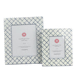 Two Bahama Court lattice white and blue hand-painted photo frames on a white background