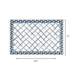 a blue and white floral paper placemat with a dimensions shown - 16.5" by 11"