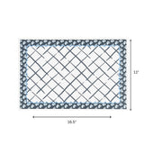 a blue and white floral paper placemat with a dimensions shown - 16.5" by 11"