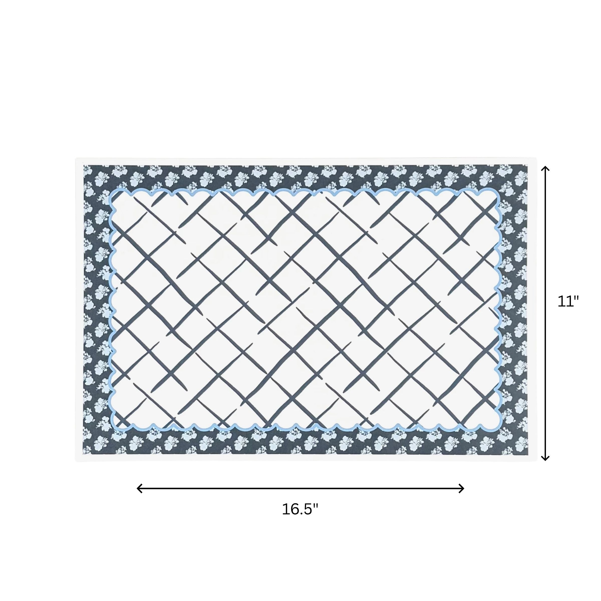 a blue and white floral paper placemat with a dimensions shown - 16.5" by 11"