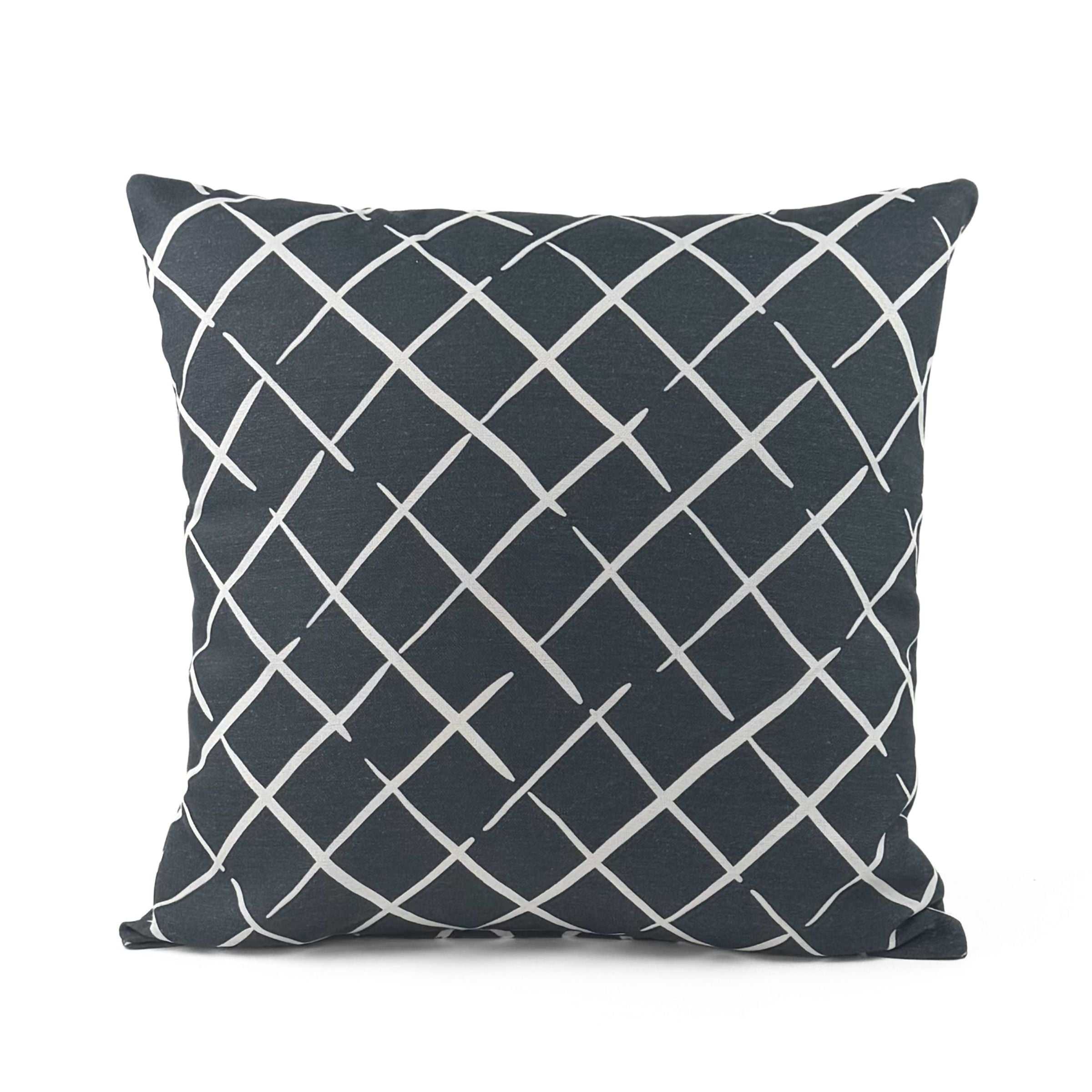 Back view of Bahama Court Trellis Blue White outdoor pillow.