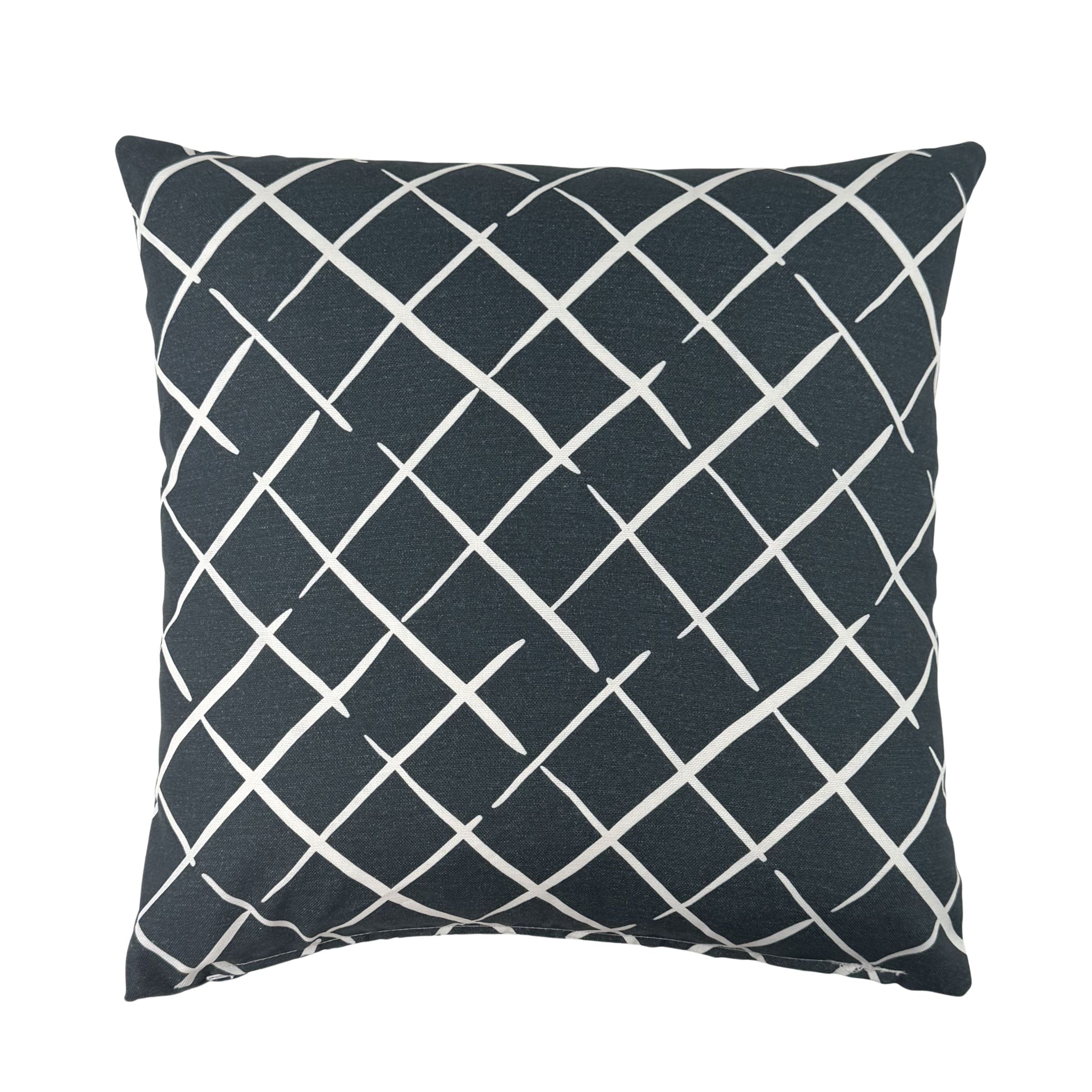Bahama Court Trellis outdoor pillow with blue and white pattern.