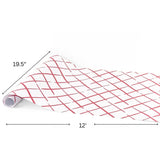 trellis pattern red and white paper table runner for summer bbqs on a white background with black arrows denoting the dimensions 19.5" and 12'.