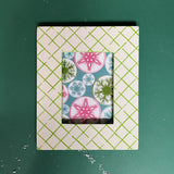 A green and white photo frame featuring a trellis pattern from madcap cottage