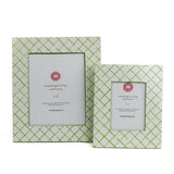 Two Bahama Court white and green hand painted photo frames on a white background