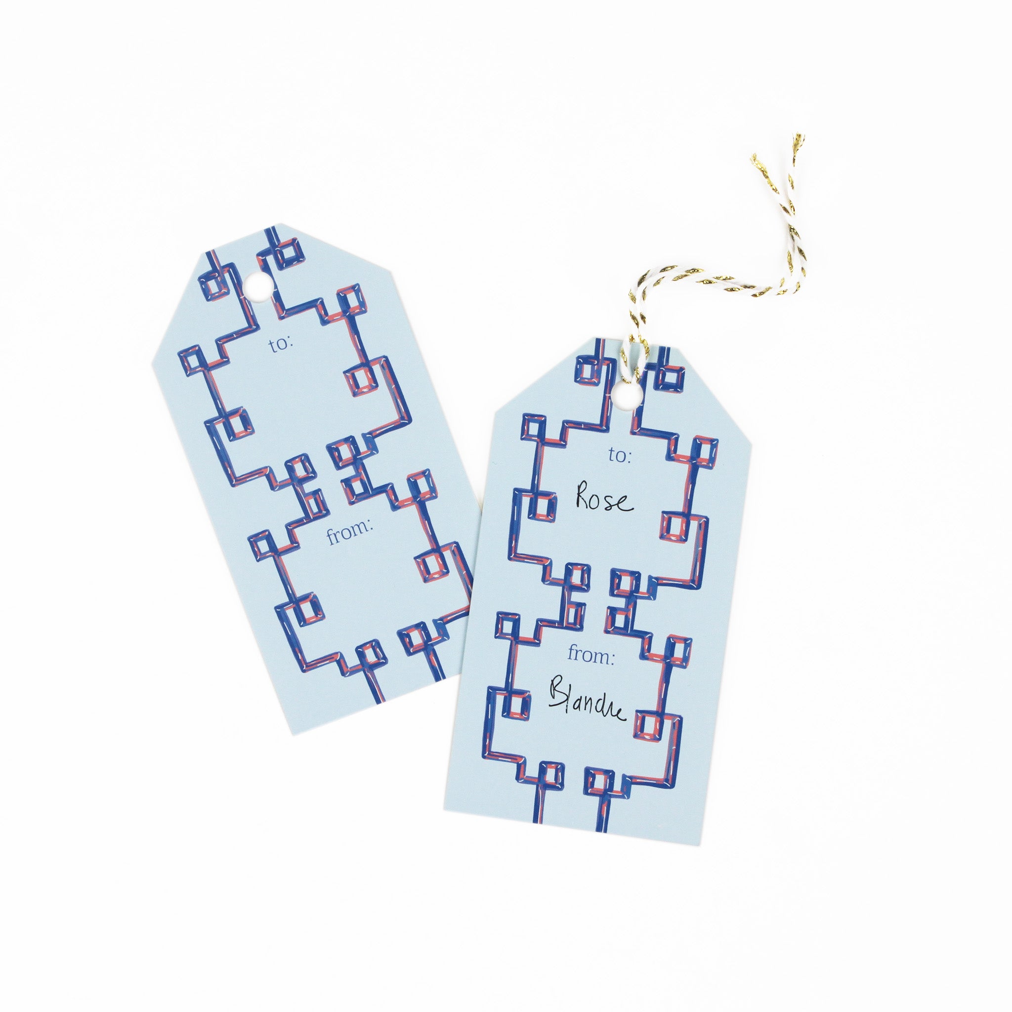 a gift tag with bamboozled pattern in blue with a space for personal message