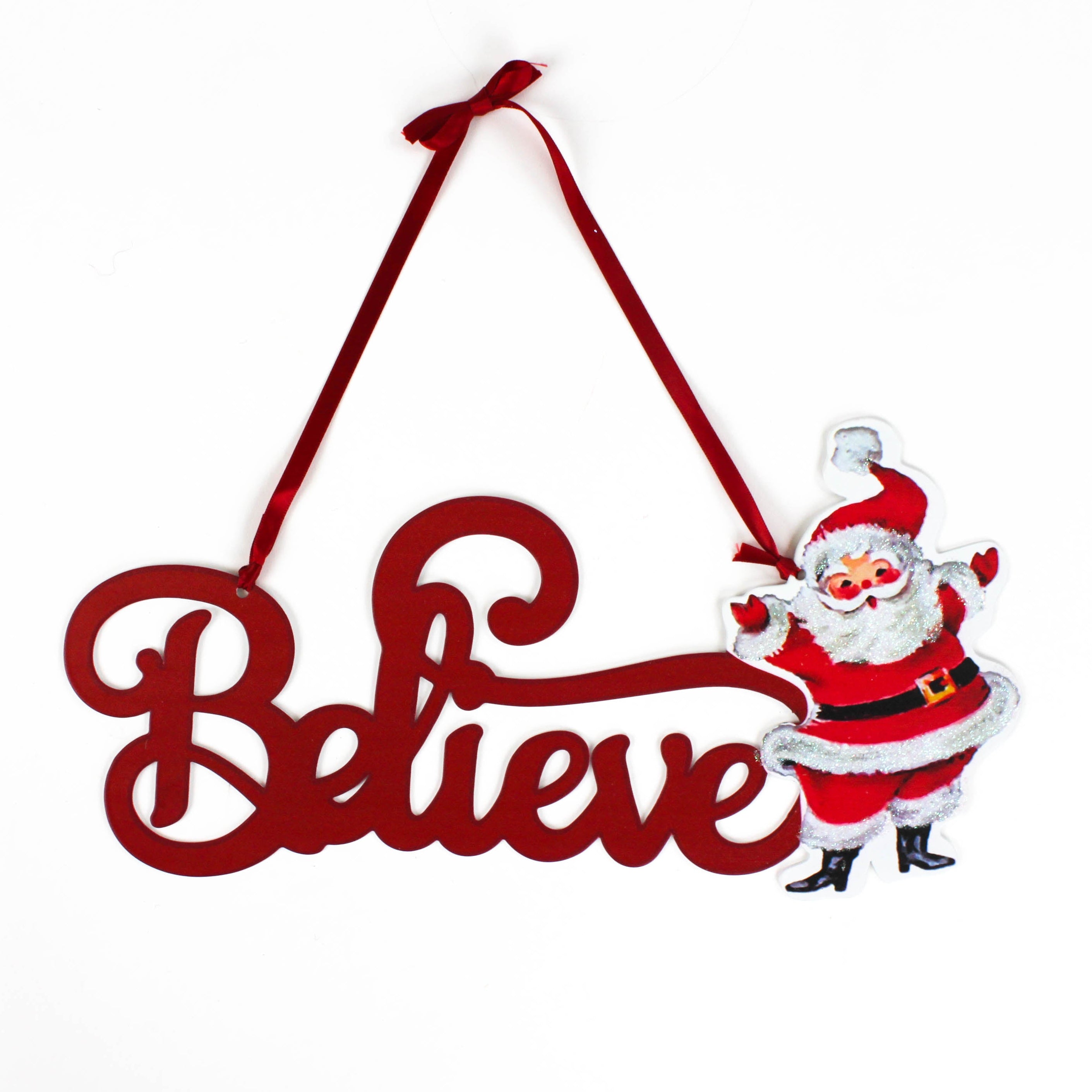 Decorative red christmas sign with 'Believe' text and a Santa Claus figure on a white background