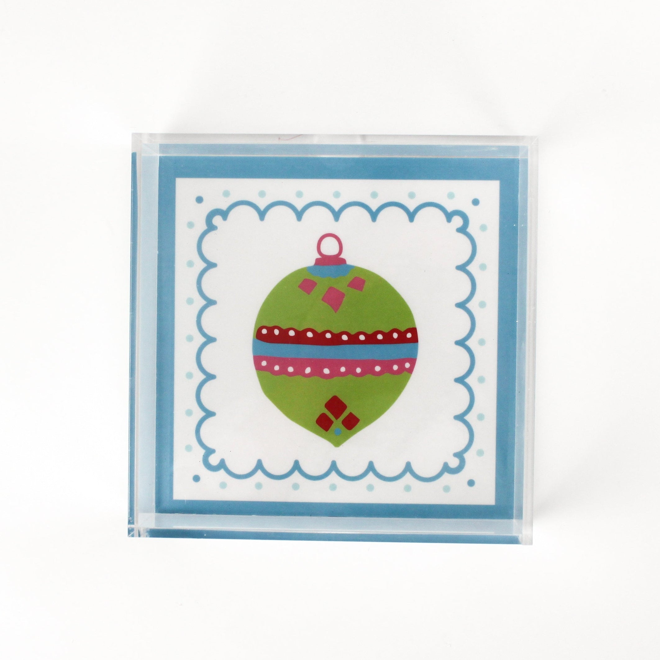 a medium blue square Acrylic Trays with Ornament motif on it on a white background