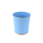 Blue gold large tole metal cachepot with gold rim on a white background