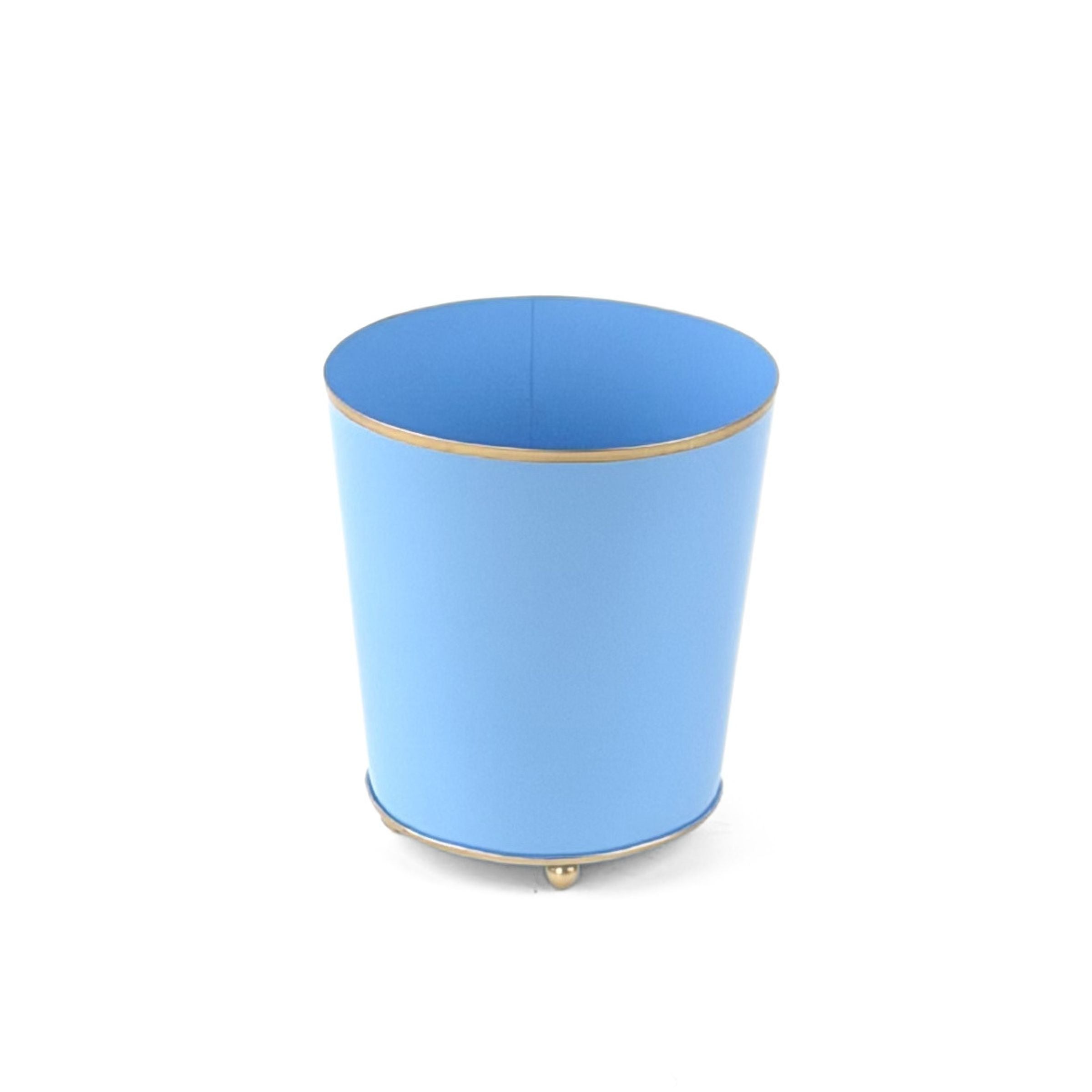 Blue gold large tole metal cachepot with gold rim on a white background