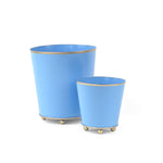 Blue gold large tole metal cachepot set and decorative gold ball feet on a white background