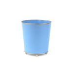 Blue gold large tole metal cachepot with gold rim and feet on a white background
