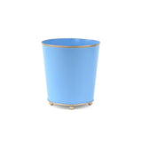 Blue gold large tole metal cachepot with gold rim and feet on a white background