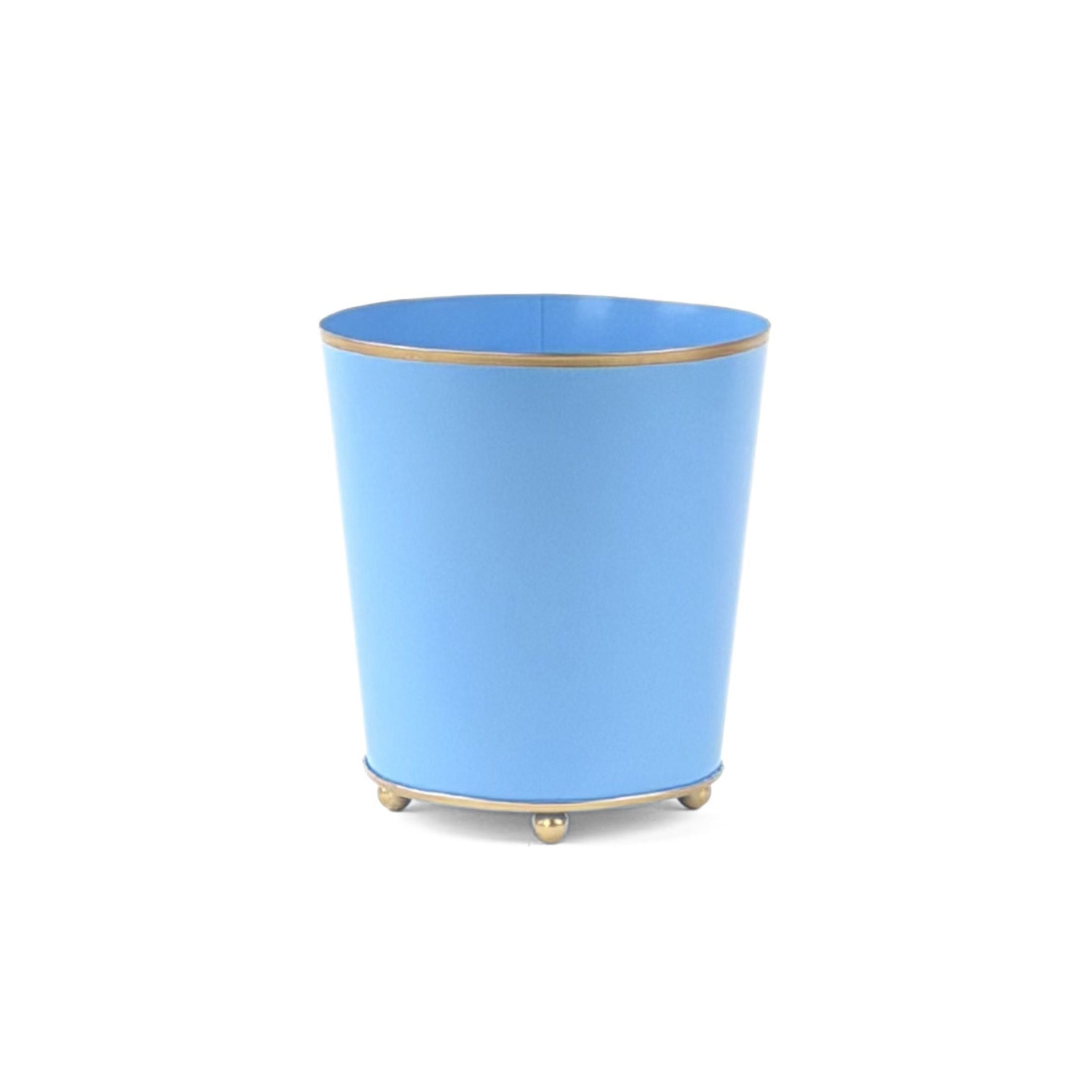 Blue gold large tole metal cachepot with gold rim and feet on a white background