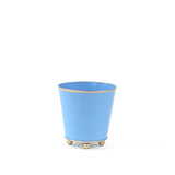 Blue gold small tole metal cachepot with gold rim detail on a white background