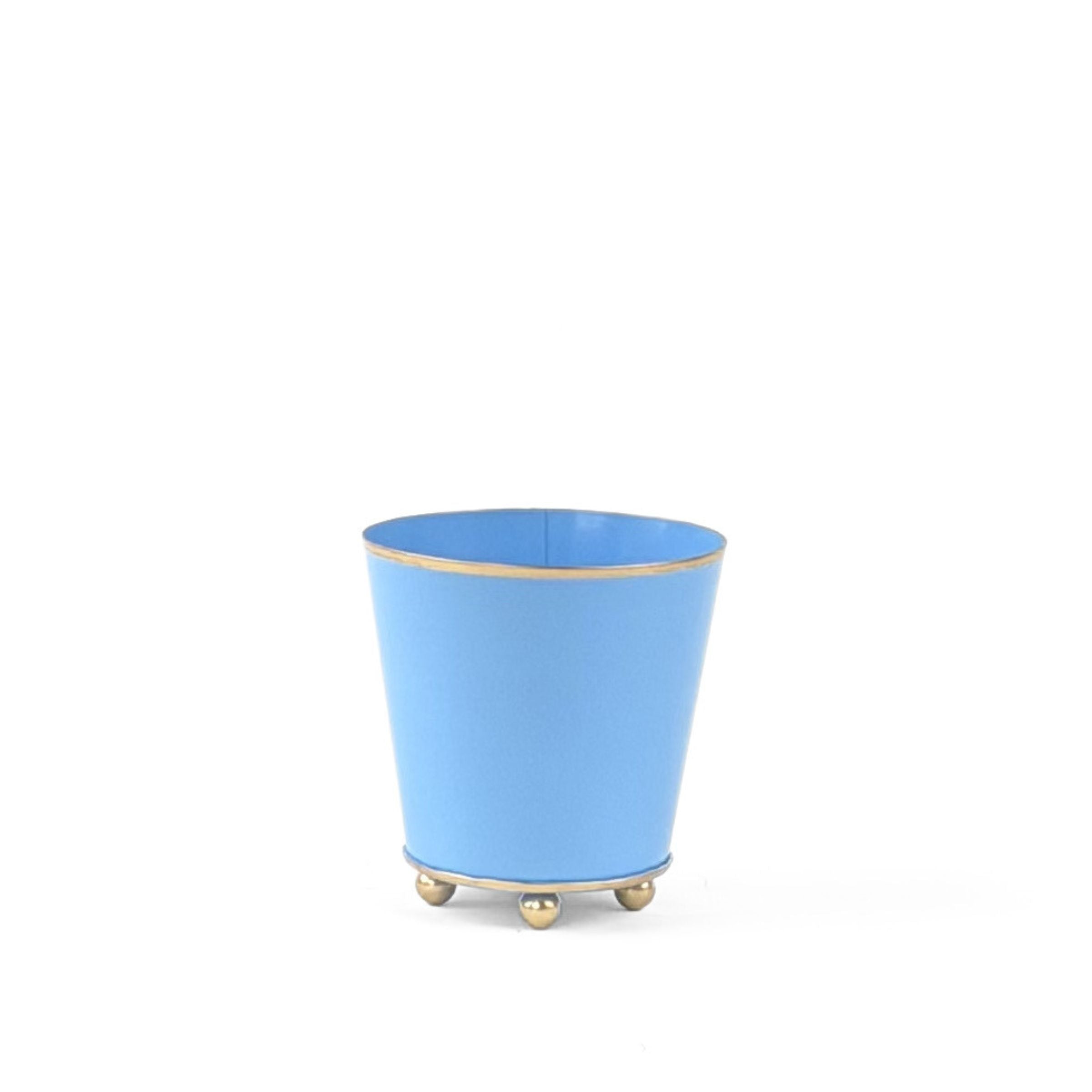 Blue gold small tole metal cachepot with gold rim detail on a white background