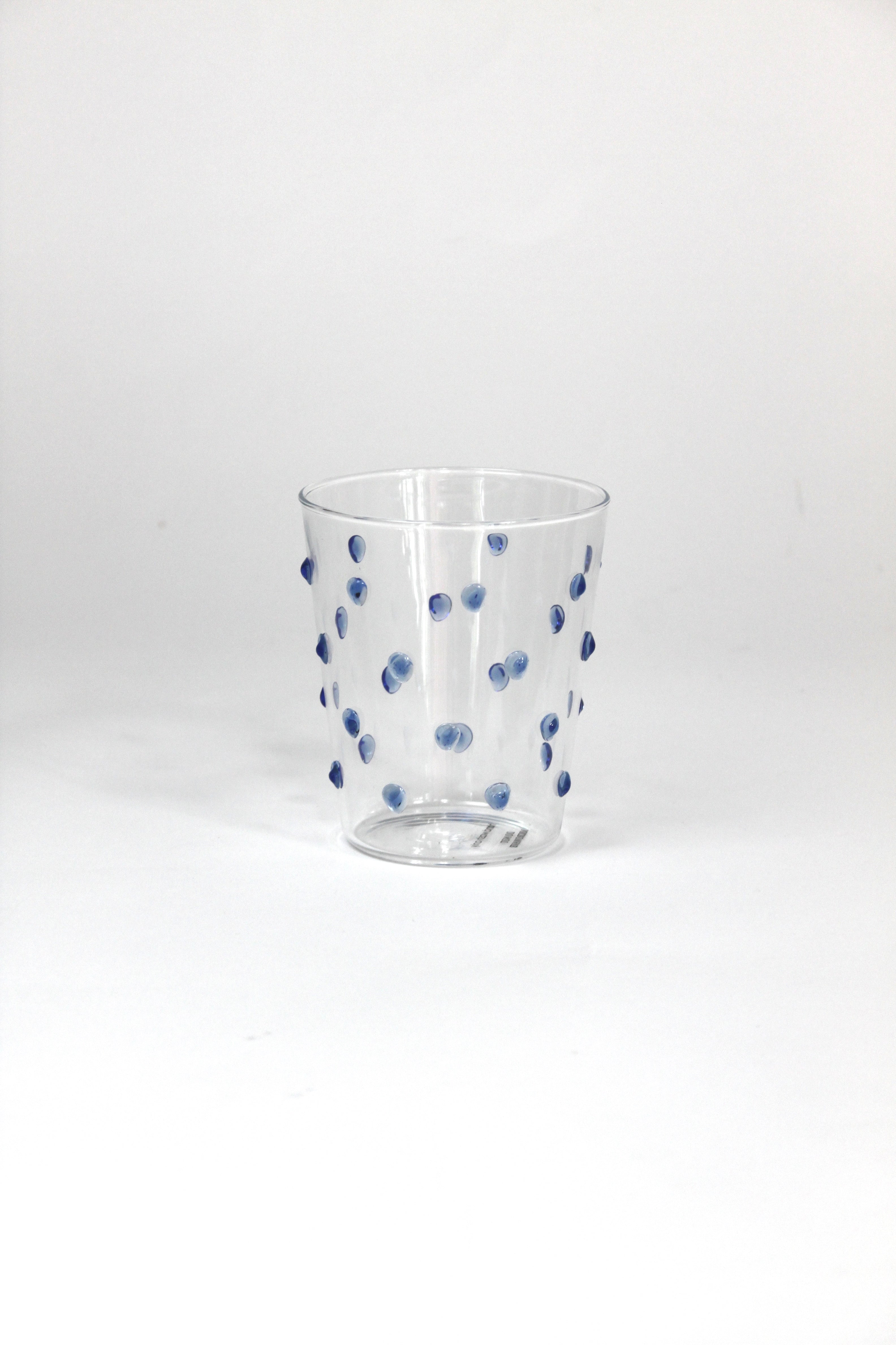 Clear glass with blue dots on a white background