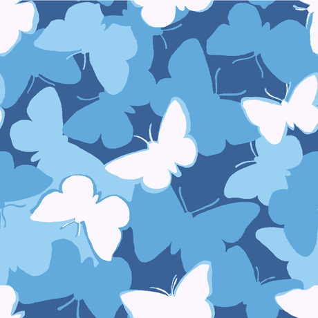 a fabric swatch of a white and  blue butterfly print fabric. 