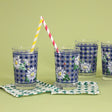 vintage drinking glasses featuring a blue gingham and daisy pattern. 