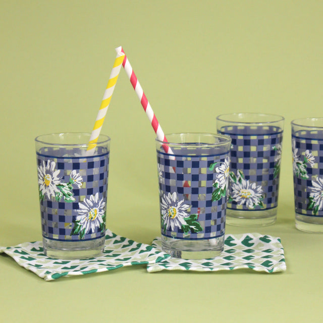 vintage drinking glasses featuring a blue gingham and daisy pattern. 