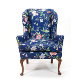 Vintage Blue Polished Cotton Floral Wingback Chair