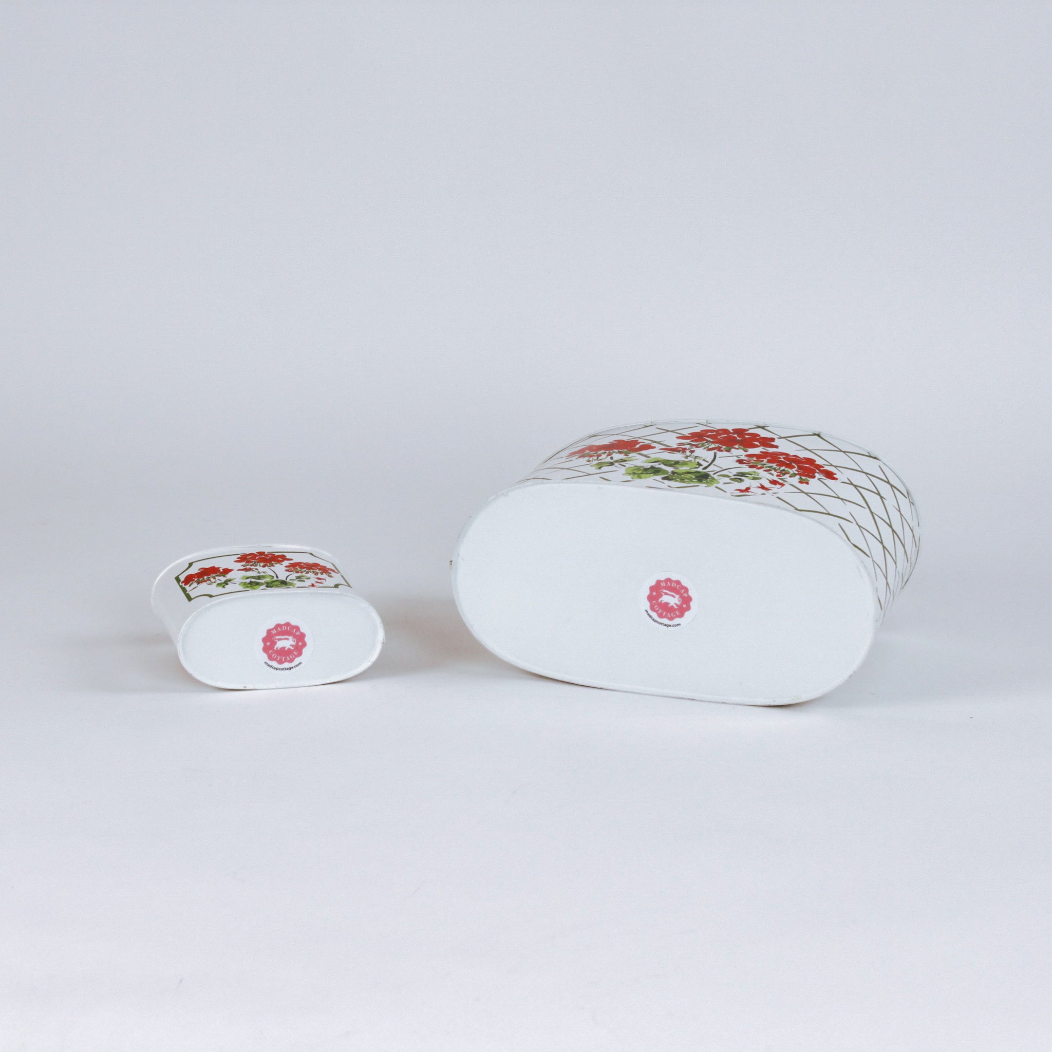 Cottage Grove Geraniums red caddy bottom view in large and small on a white background