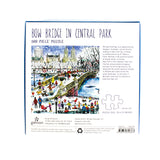 Bow Bridge in Central Park winter scene puzzle by Michael Storrings, 500-piece jigsaw puzzle box back with illustration, artist information, and puzzle specifications.