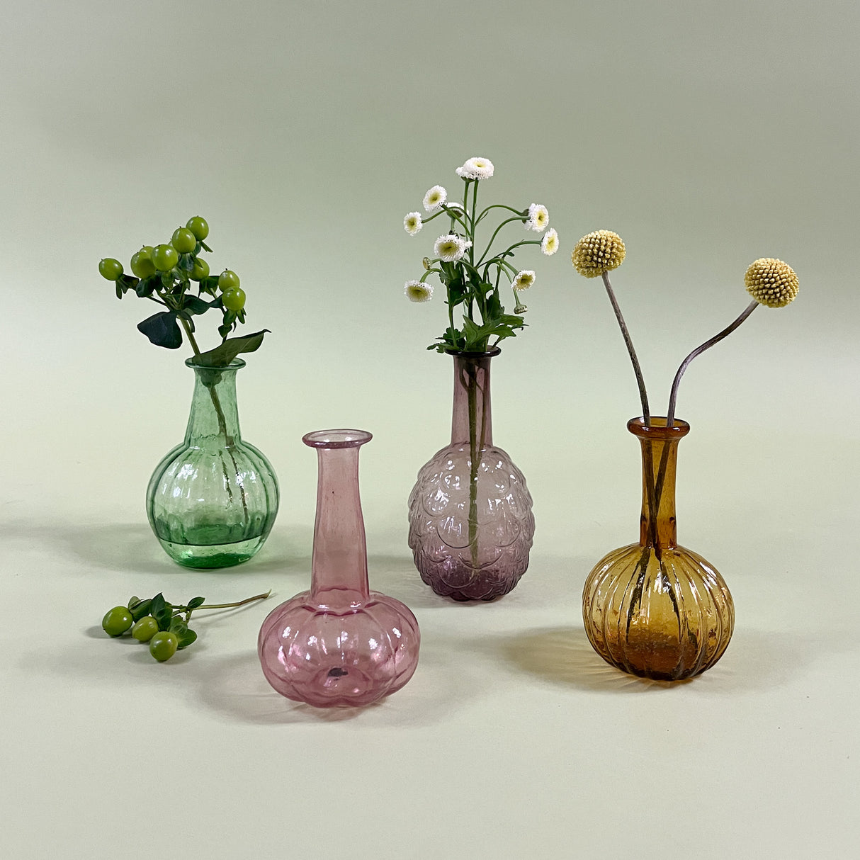 Colorful Blown Glass Bud Vases with flowers