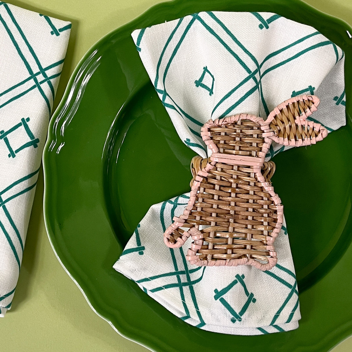 Island House Small No-Iron Green Dinner Napkins with rattan bunny napkin rings