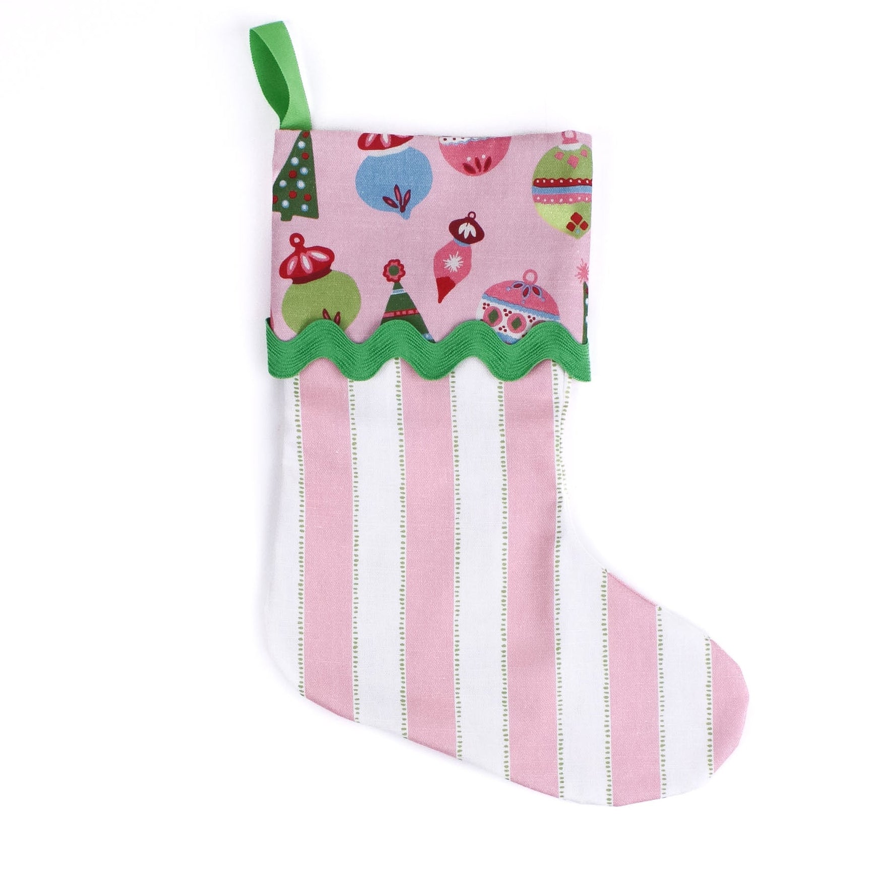 Pink and white striped Christmas stocking with colorful design on a white background