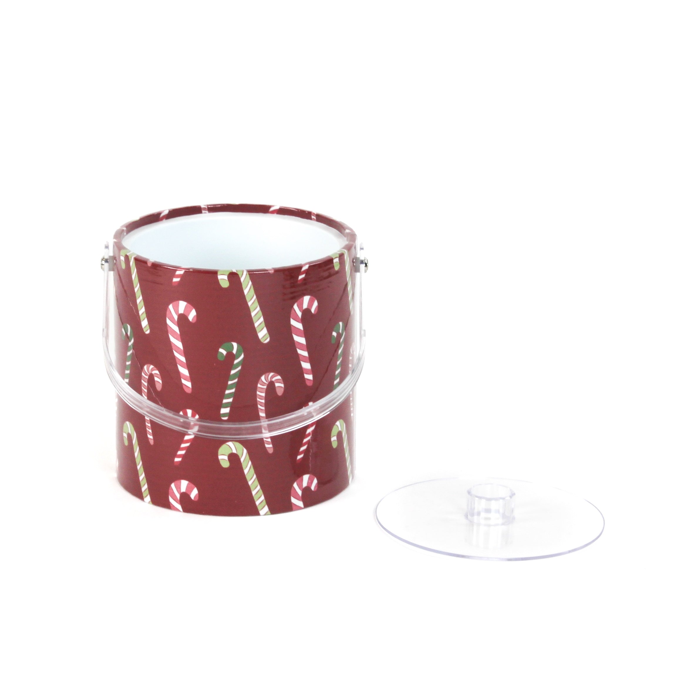 Dancing Candy Canes is a red acrylic Christmas ice bucket covered in a candy can motif fabric