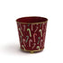 Red tole cachepot with hand-painted candy cane pattern and gold trim, standing upright.