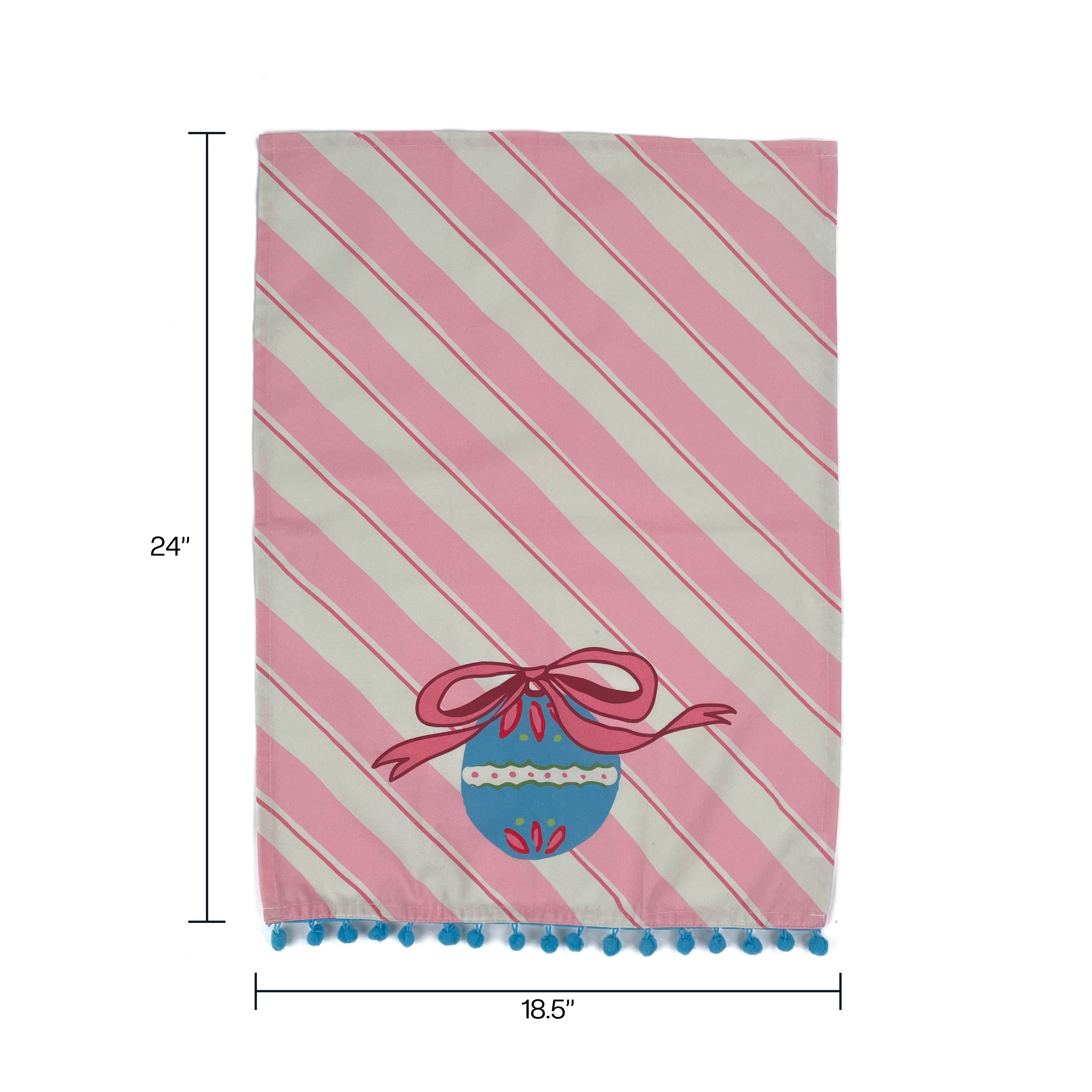 diagonally striped pink christmas tea towel with a large blue ornament motif at the bottom and blue pom pom trim against a white background and dimensions marked 24" x 18.5"