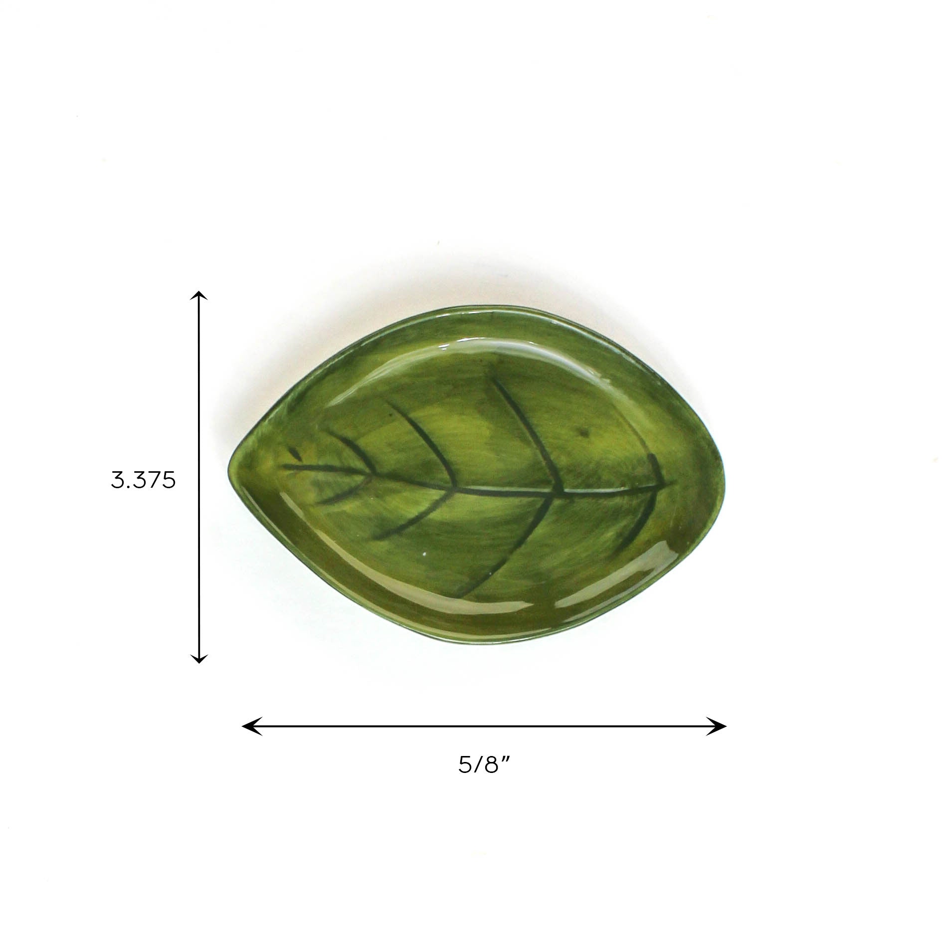 Green ceramic leaf-shaped dish with painted vein details, shown on a white background with dimensions 5⅝ inches wide and 3.375 inches tall.