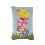 front hooked pillow with chick sitting on colorful Easter eggs design