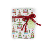 colorful Christmas wrapping paper featuring pagoda, holly and wreath motifs. 