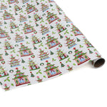 colorful Christmas wrapping paper featuring pagoda, holly and wreath motifs. 