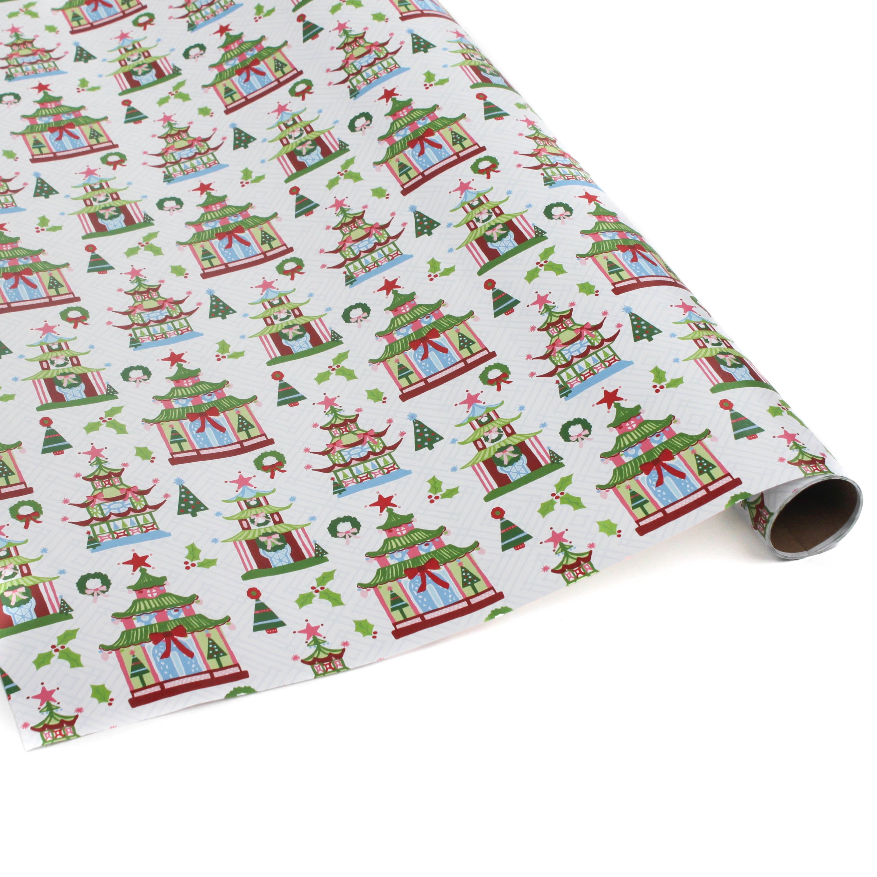 colorful Christmas wrapping paper featuring pagoda, holly and wreath motifs. 
