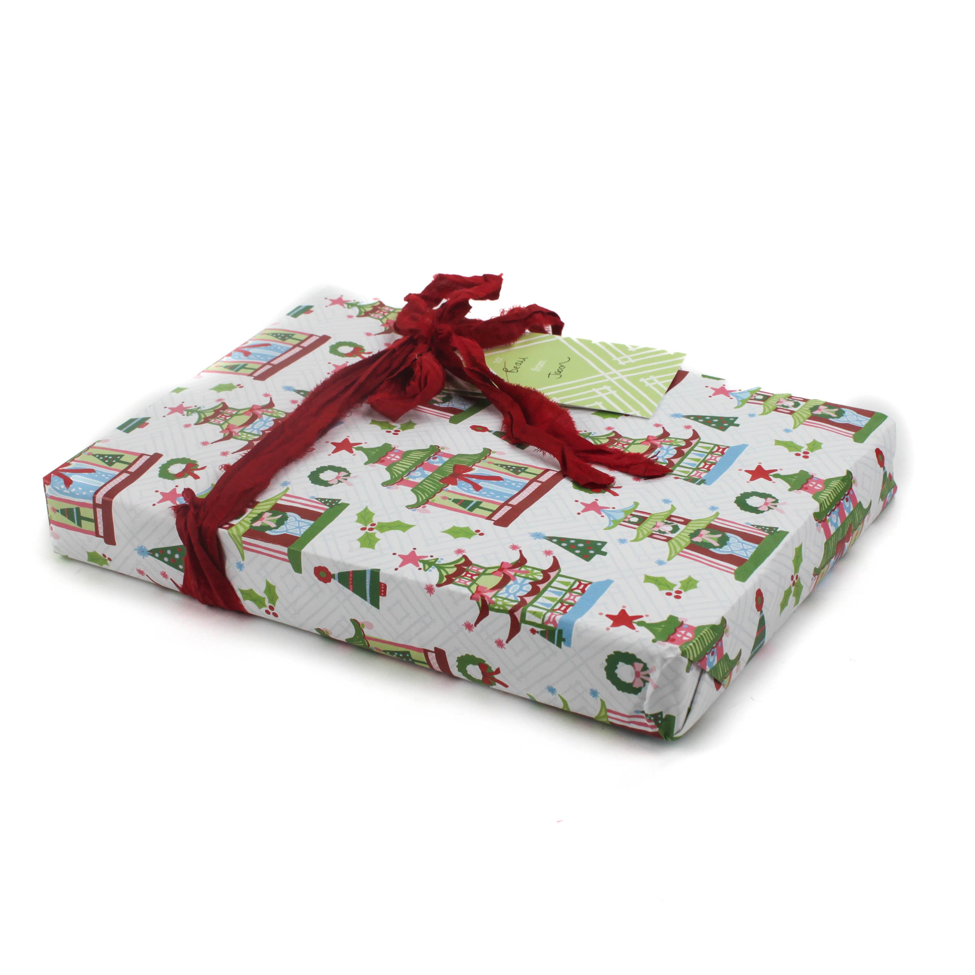 colorful Christmas wrapping paper featuring pagoda, holly and wreath motifs. 