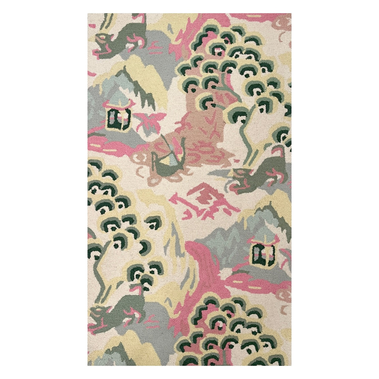 A yellow pink and green rug in a chinoiserie pattern called Old Peking from Madcap Cottage.
