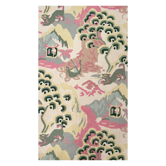 A yellow pink and green rug in a chinoiserie pattern called Old Peking from Madcap Cottage.