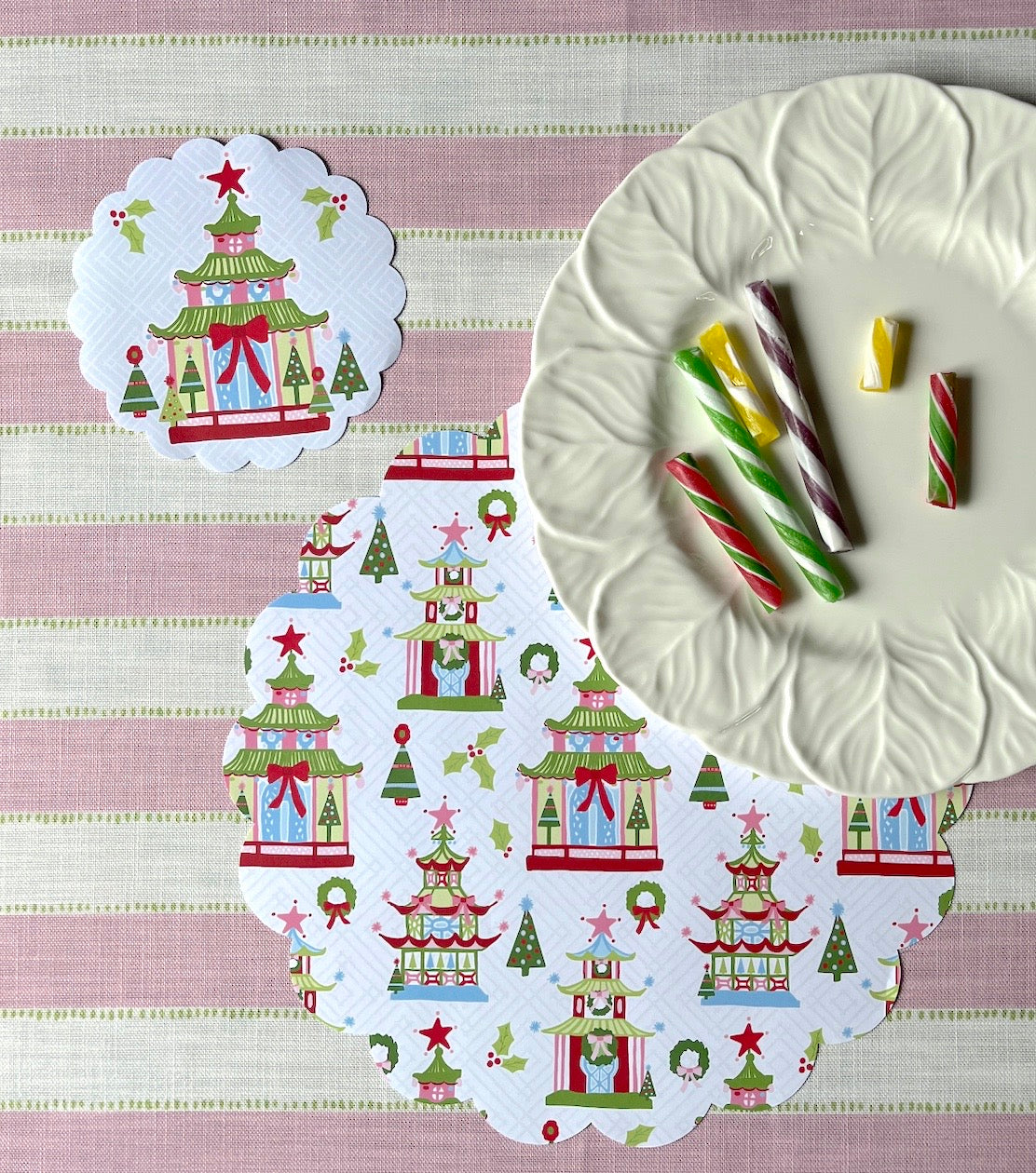 A  round Christmas doily with a chinoiserie pagoda pattern from Madcap Cottage