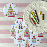 A  round Christmas doily with a chinoiserie pagoda pattern from Madcap Cottage