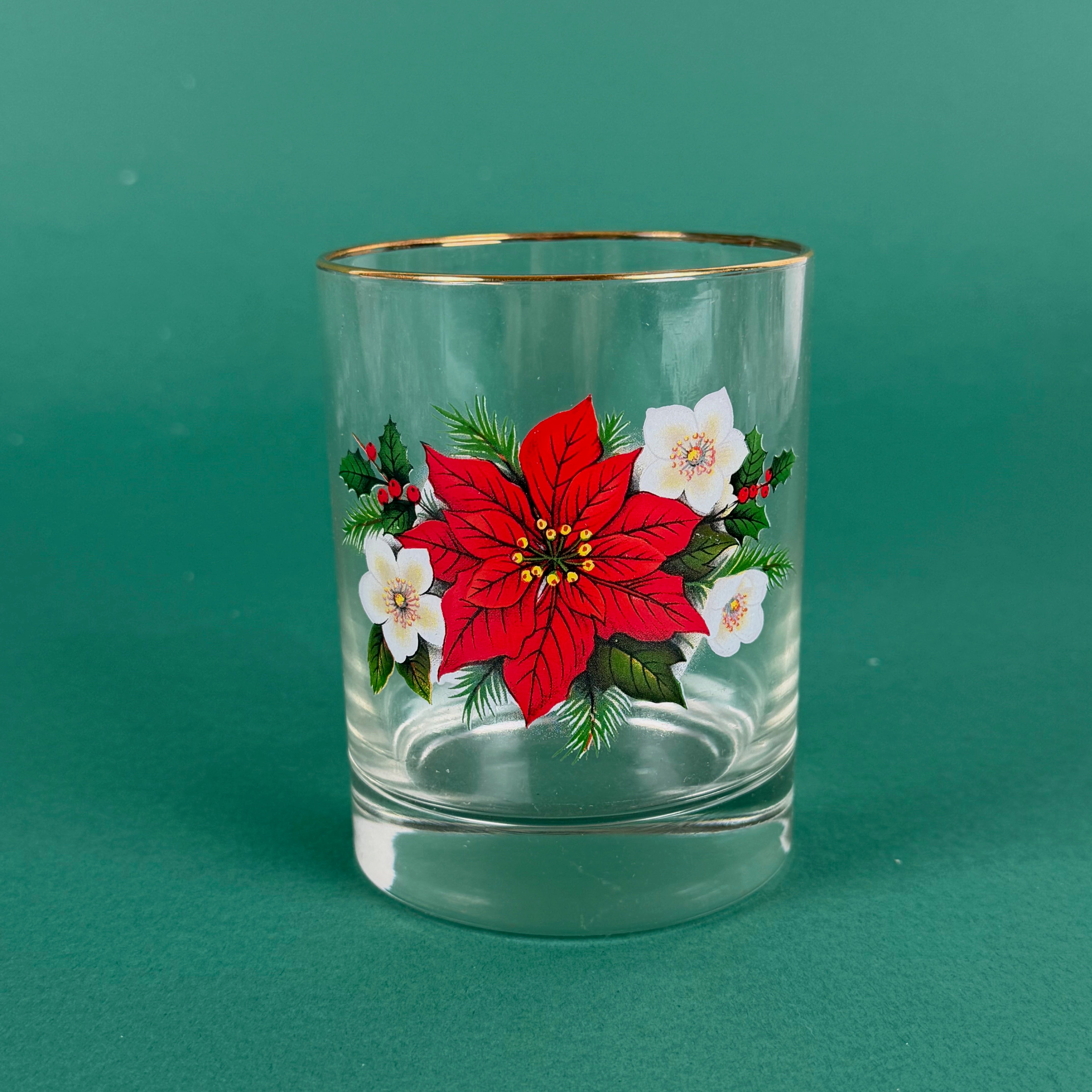 Christmas drinking glasses with red poinsettia and white flower design